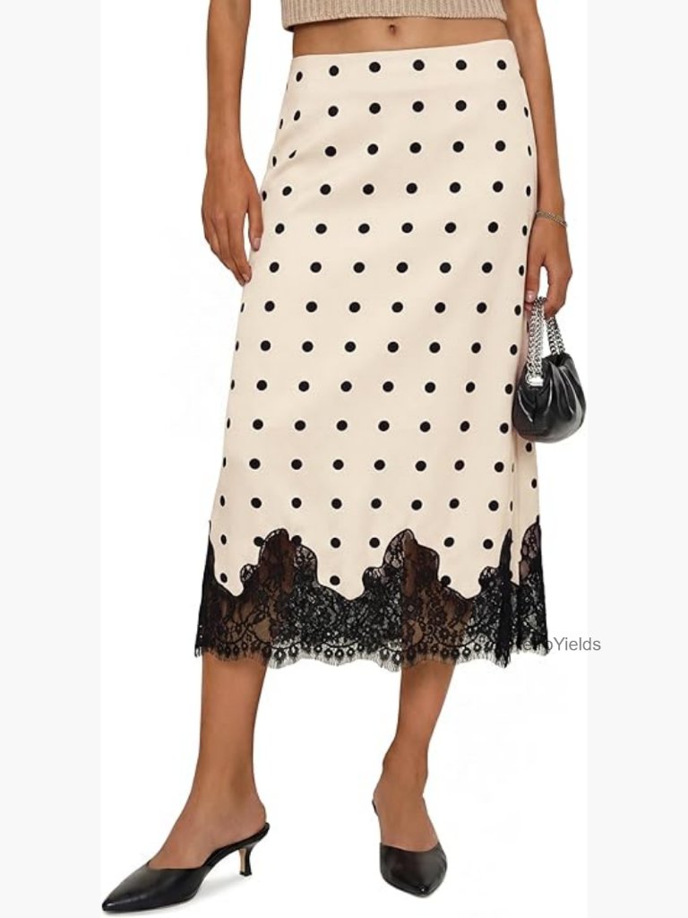 Lace Hem Midi Skirt, High Waisted A-Line, Mermaid Hem, Zipper Closure
